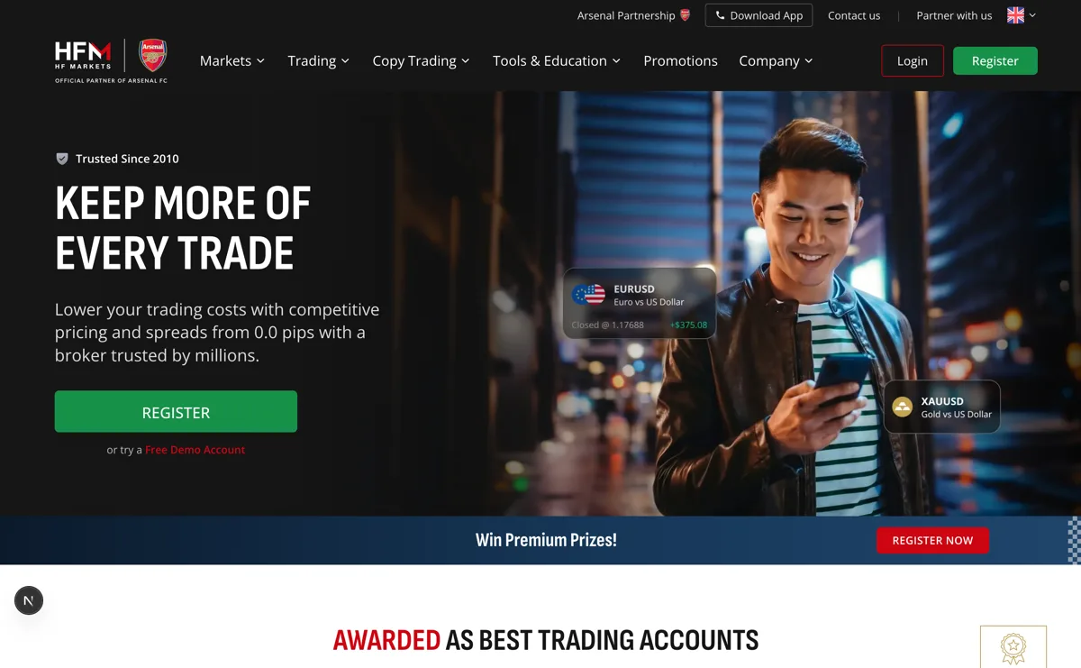 Screenshot of the HFM trading homepage